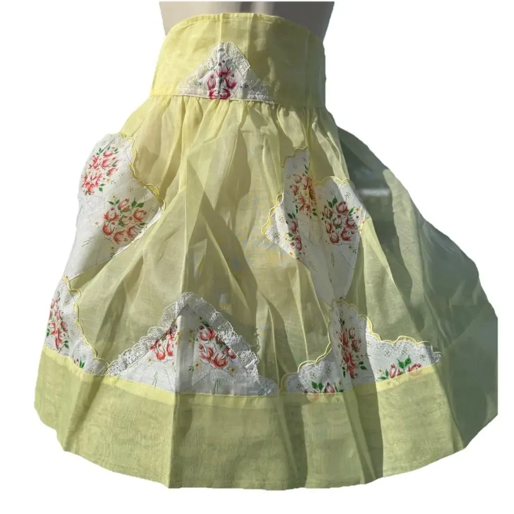 Vintage Floral Half Apron Pockets Sheer Yellow Lace Cottagecore Retro OS Patched